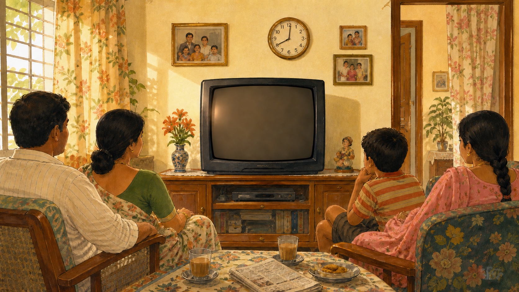 A family gathered around a CRT television in a bright Indian living room on a Sunday morning
